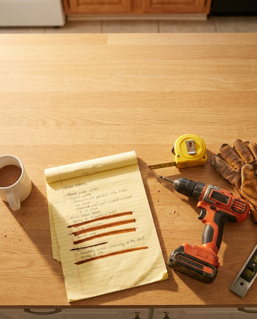 A handwritten honey-do list on a counter next to a drill, tape measure and work gloves